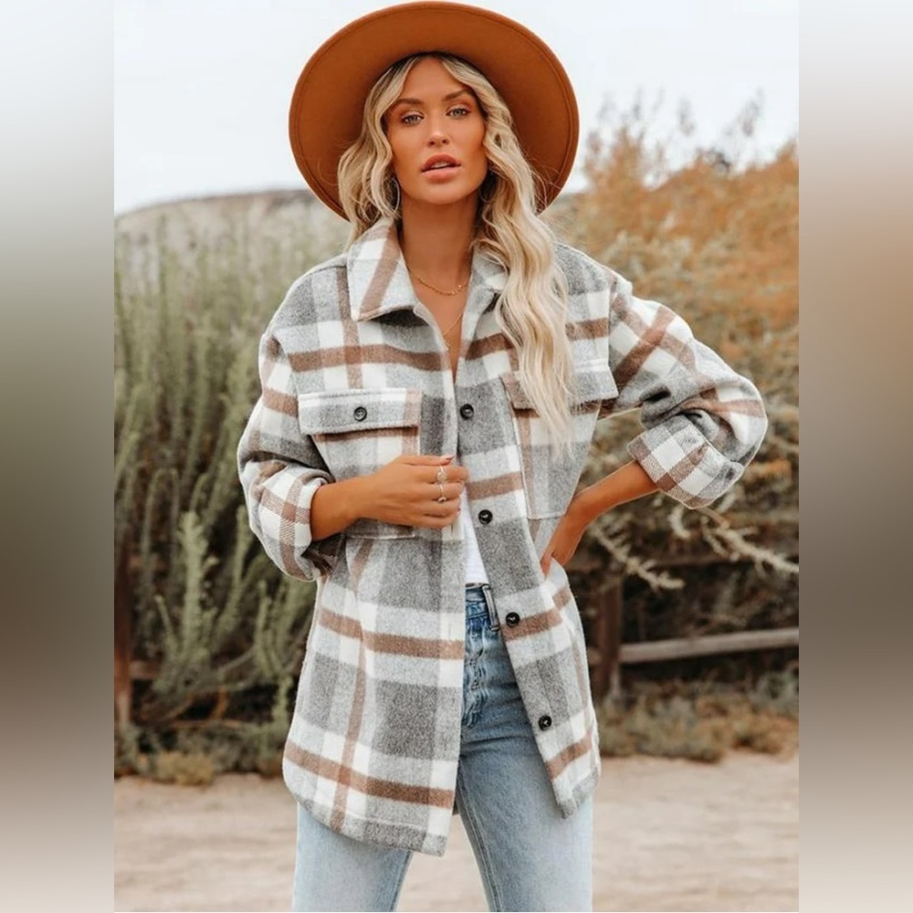 FORE Plaid Button-Up Wool Blend Shacket Jacket - Gray and Brown
